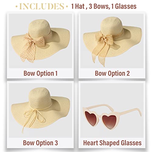 Funcredible Wide Brim Sun Hats For Women - Floppy Straw Hat With Heart Shape Glasses - Foldable Large Summer Hat - Big Roll Up Beach Cap - Upf 50+ (Beige) #TOP1