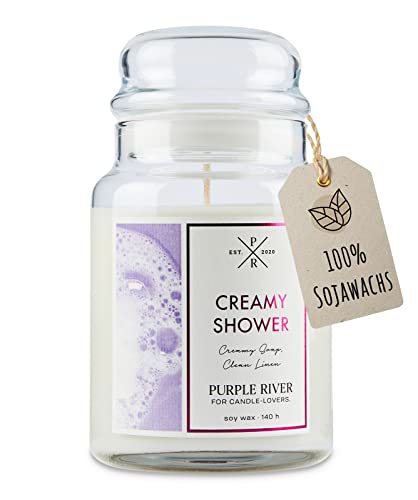 Purple River Große Duftkerze im Glas mit Deckel | Creamy Shower | Duftkerze Frisch | Kerzen lange Brenndauer | Sojawachskerze | Raumduft für Zuhause