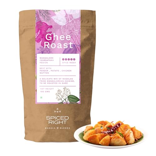 Image of Spiced Right Mangalore Ghee Roast Masala 200gm - Authentic Mangalorean Curry Spice Masala Blend with Garlic for Chicken, Prawn, Mutton, and Veg Dishes - No Artificial Colouring or Flavouring.