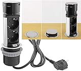 Versenkbare Einbausteckdose Steckdosen Turm 2x Steckdose 2x USB I Edelstahl Rund Ladegerät für Schreibtisch Arbeitsplatte 230V mit 150cm Anschlusskabel
