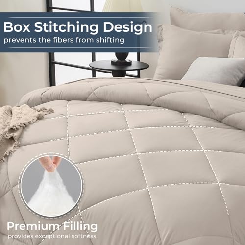 HEVUMYI Beige Tan Queen Comforter Set - 7-Piece All Season Bed in a Bag Queen, Ultra Soft Bedding Set with Comforter, Flat Sheet, Fitted Sheet, Pillowcases, Pillow Shams, Beige Tan