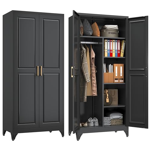 Metal Wardrobe Closet,71" H Wardrobe Cabinet with 2 Doors,Black Clothing Storage Cabinets with Hanging Rod and 3 Adjustable Shelves,Armoire Wardrobe Closet for Home Office,School,Gym Black 7