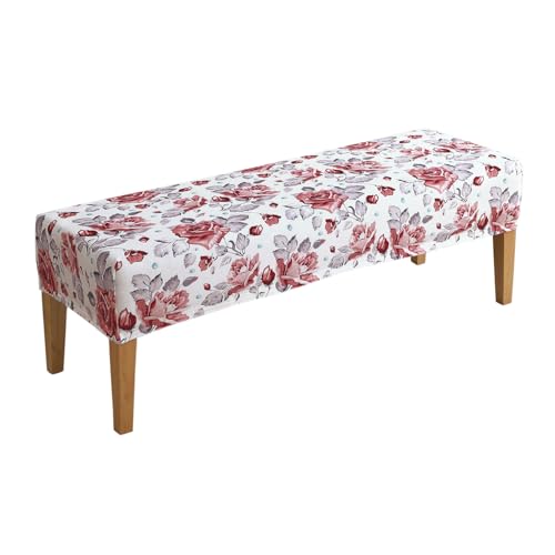 Image of HOKIPO Premium Printed Velvet Stretchable Dining Bench Slipcover, Red Cottage Rose (AR-5798-D6)