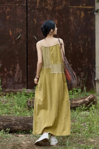 Women's linen patchwork handmade buckle long skirt fashion suspender skirt 2025 summer (US, Alpha, One Size, Regular, Regular, Yellow)3