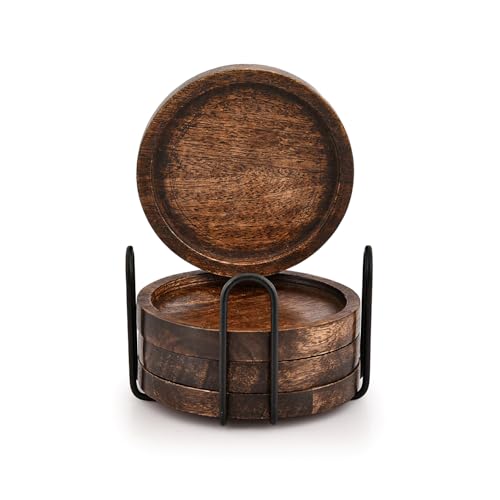 Image of SAMHITA Mango Wood Coasters for Drinks with Iron Holder Stand Set of 5 for Drinking Glasses, Tabletop Protection for Any Table Type