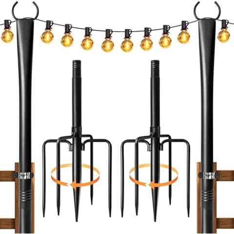 2 Pack String Light Poles for Outside, Thickened Metal Lights Hanger Pole Outdoor with Fork, Lighting Hanging Post Accessories for Patio Decor Garden Backyard Yard Front Porch Outside Decorations Cover