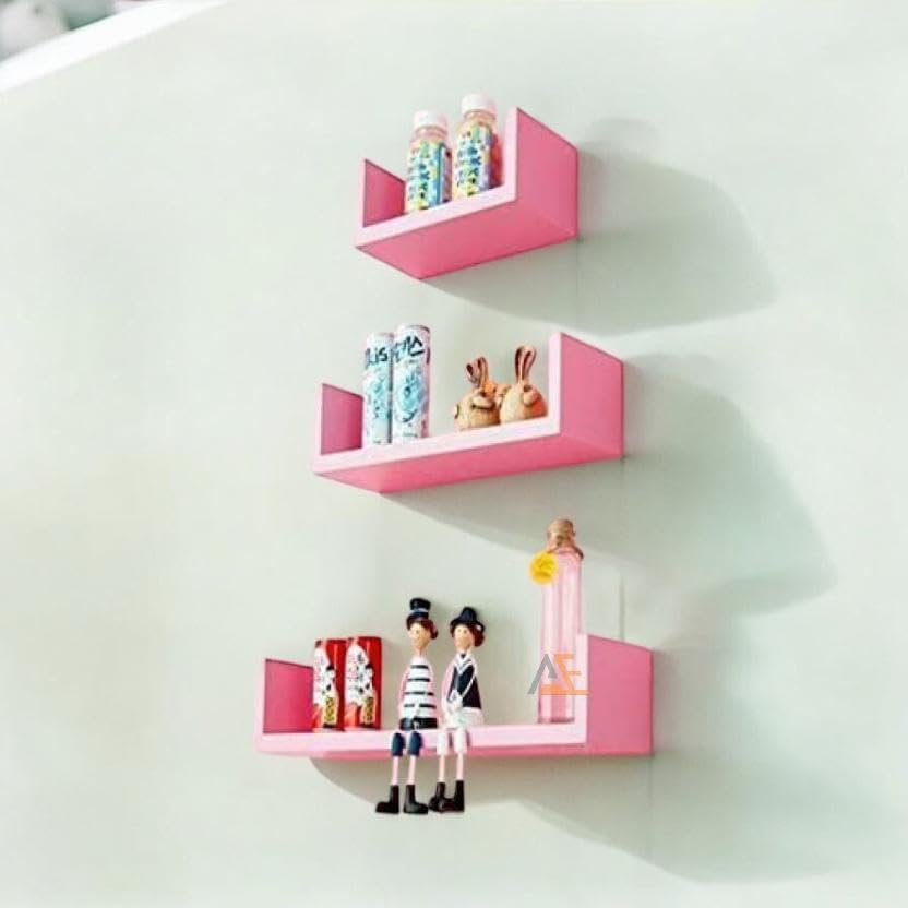 U Rack Floating Wall Shelf (Set of 3) MDF (Medium Density Fiber), Wooden Wall Shelf (Number of Shelves - 3, Pink