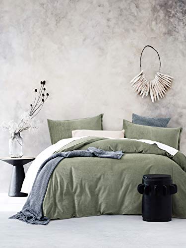 Eikei Pure Cotton Velvet Corduroy Duvet Cover Set Natural Fabric Casual Modern Style Bedding Ribs Striped Reversible Solid Color Relaxed Soft Feel (Olive, Queen) #TOP6