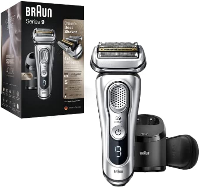 Braun Electric Razor for Men, Waterproof Foil Shaver, Series 9 9390cc, Wet & Dry Shave, With Pop-Up Beard Trimmer for Grooming, Cleaning & Charging SmartCare Center and Leather Travel Case, Silver