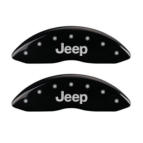 Image of MGP Caliper Covers 42006SJEPBK 'Jeep' Engraved Caliper Cover with Black Powder Coat Finish and Silver Characters, (Set of 4)