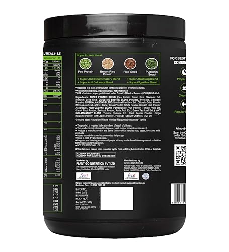 Image of Plantigo Protein Powder 24g Plant Based Protein, 3g BCAA, 2g Leucine, 3g Fiber, 4x Fast Digestion, 95% Bioavailability, 3x Anti Oxidants, Anti Inflammatory, Vitamins, Minerals - Vanilla Flavored 500g