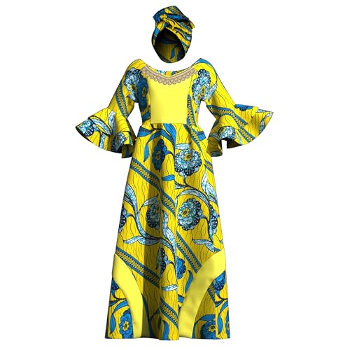 Image of iooiooi Womens African Print Party Maxi Dress Tradition Dashiki Ankara Long Dress & Headwrap