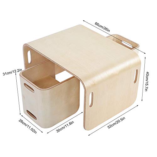 Tafel en stoelenset, 3 pak kindertafel en stoelen Natuurlijk gebogen hout Multifunctionele houten kinderstudietafel en… - Afbeelding 4