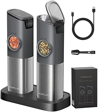 [Upgraded Design]Gravity Electric Salt and Pepper Grinder Set, 𝐔𝐩𝐠𝐫𝐚𝐝𝐞𝐝 Large Capacity, USB Rechargeable Automatic One Hand Operated, Adjustable Coarseness, LED Light, Stain Steel Grey