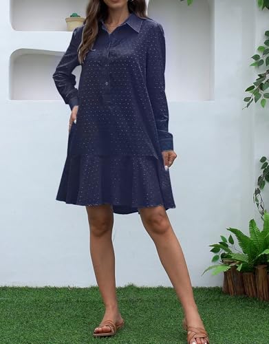 Image of YEXPINE Tunic Mini Dresses for Women Button Down Smocked Short Dresses Long Sleeve Swiss Dot Callahan Shirt Dress, Large