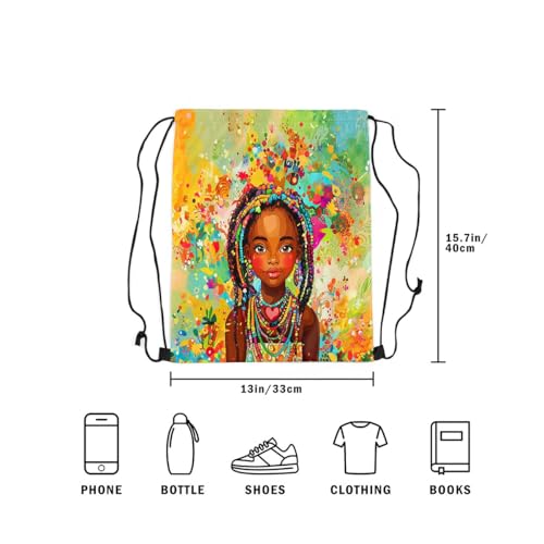 Image of jejeloiu Cute Black Drawstring Backpack 13x15.7inch African American Waterproof Gym Drawstring Bags Colorful Sports String Backpack Beach Swim Travel Bag Sackpack