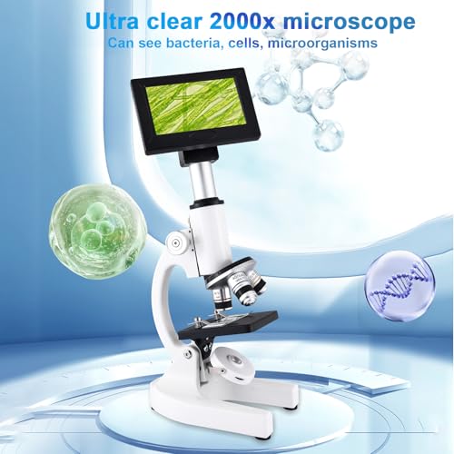 Image of Herwicm Microscope 40X-2500X Magnification, HD Wide Angle Eyepieces, 4-inch High-Pixel Display with LED Fill Light 3, Cell Phone Observable, for Home School Labs (White)