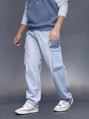 Image of WROGN Men's 100% Cotton Cargo Jeans | Solid | Loose Fit