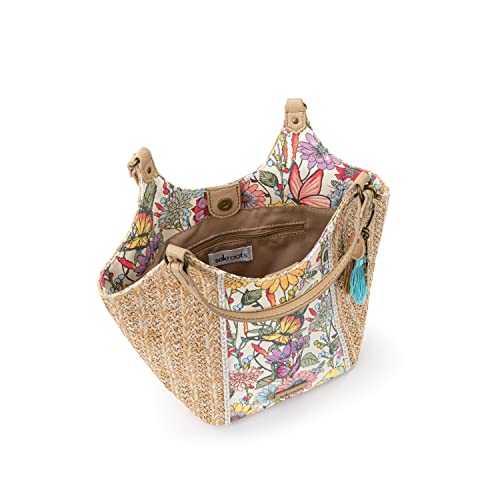 Sakroots Womens Straw Small Roma Shopper Bag In Coated Canvas With Dual Shoulder Straps, Pinkberry Bloom, Pinkberry In Bloom
