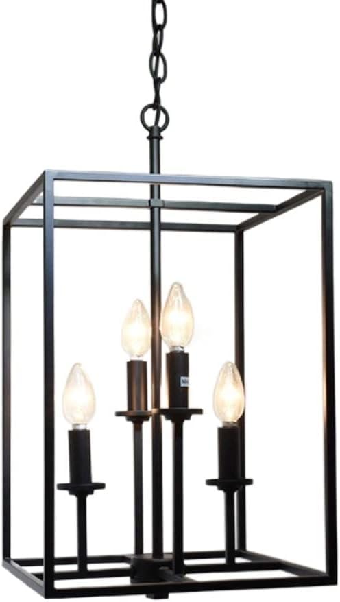 Suspension luminaire cage en métal carré rétro à 4 lumières pour cantine et salle à manger