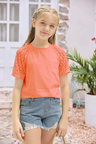 Image of Girls Summer Short Sleeve Shirts Lace Casual Cute Crew Neck Solid Color Blouses Tops Sizes 6-15 Years