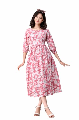 Image of Ichaa Women's Navy Blue Cotton Printed Maternity Dress with Feeding Zips and Pocket, in Plus Sizes