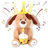 Hopearl Adorable Happy Birthday Dog with Glowing Cupcake Musical Stuffed Animal Puppy Singing and Shaking Plush Toy Interactive Animated Kids Gift, Brown, 15''