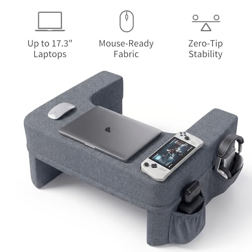 Image of Septsun 26 inch Extra Wide Lap Desk Pillow, Laptop Desk for Couch and Bed | Modern gray large soft foam workstation with ergonomic armrest elbow relief; mouse-ready fabric, cup holder, sofa gaming