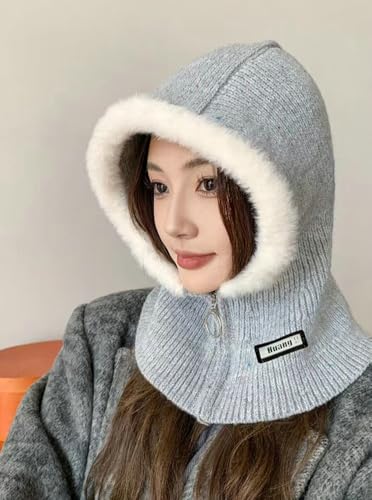 Hooded Scarf for Women Men Zip-up Balaclava Thickened Warm Knitted Hat with Ear Protection 2-in-1 Neck Gaiter Fall Winter4