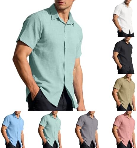 Linen Shirts for Men Slim Fit Collared Short Sleeve Dress Shirt Button Down Plain Lightweight Comfy Golf Work Shirts
