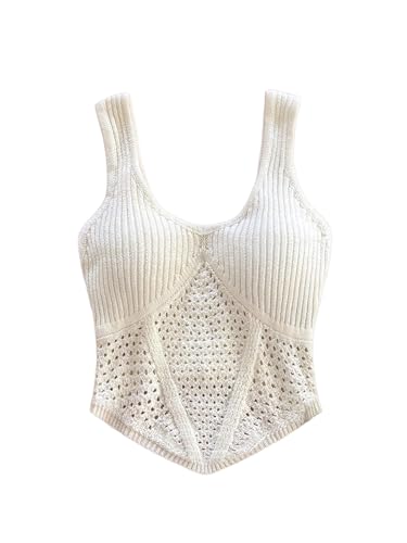 SOLY HUX Women's Hollow Out Knitted Crop Tank Top Summer Sleeveless Scoop Neck Sweater Vest Vacation Outfits Solid White Medium