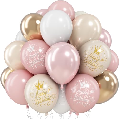 Image of Dusty Pink Beige Gold Birthday Balloons for Women Girls, Double Stuffed Pearl Light Pink Dusty Rose Sand White Cream Printed Balloons with Metallic Light Gold Balloon for Boho Neutral Birthday Party