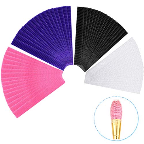 MERYSAN 200Pcs Makeup Brushes Net Protector, Premium Cosmetic Makeup Brush Pen Guard Mesh Cover Cap - Reusable & Expandable (4 Colors)