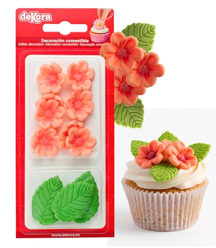 Dekora - Boîte de 8 Fleures Roses et 5 Feuilles Vertes en Sucre - Figurines Comestibles pour Gâteaux - Décoration en Sucre pour Gâteaux d'Anniversaire