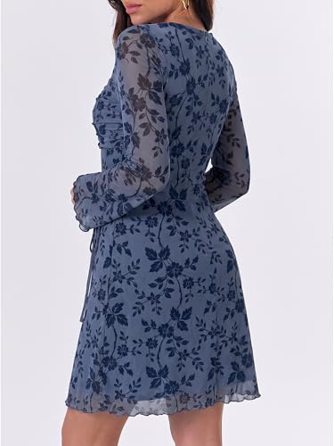 Image of Caracilia Womens Sexy Mesh Ruched Mini Dresses Long Sleeve Square Neck Tie Fall Club Party Cocktail Short Dress 2026 Fashion