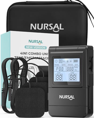 NURSAL Tens Unit Muscle Stimulator, 4 in 1 TENS EMS Machine with 25 Modes Include DIY, 40 Intensities Electric Massager for Shoulder, Back Pain Relief, TENS Pads, A Carry Case