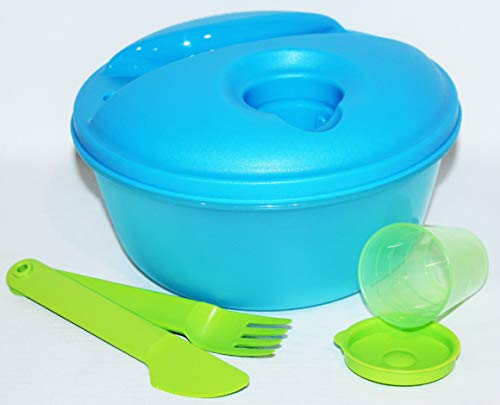 Tupperware Salad On The Go Set Lunch Keeper 6.25 Cup Bowl, Fork, Knife And Midget Blue Green #TOP3