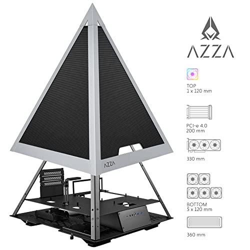 Gabinete para PC AZZA Pyramid Mesh - Chasis ATX en forma de pirámide con paneles de malla y estructura de aluminio anodizado, soporte para placas base E-ATX y radiador de 360 mm, ventilador ARGB Apex de 120 mm, cable riser PCI-e 4.0 x16 y soporte para GPU miniatura 5