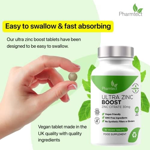 Pharmtect Ultra Zinc Boost Tablets 30mg - High Strength Pure Zinc Supplement Promotes Healthy Immune System, Bones, Hair, Skin & Nails - Vegan Tablets Made in The UK - for Better Overall Health