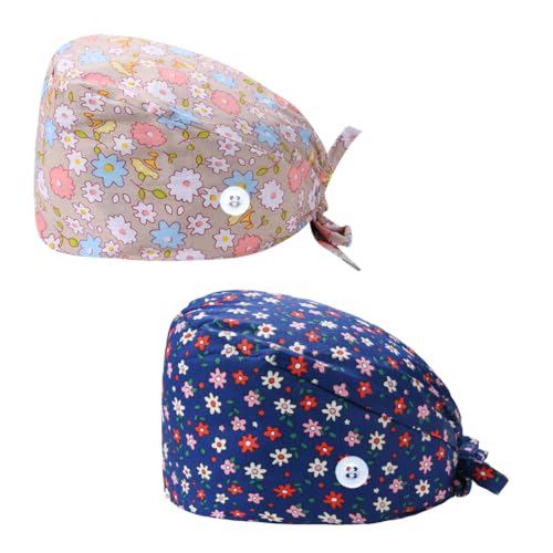 2 Pezzi Cuffietta Chirurgica con Bottone, Donna Berretto da Lavoro, Berretto da Infermiera, Stampa Cotone Berretto con Cappuccio Antipolvere