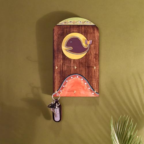 Image of AAKRITI ART CREATIONS Key Holder, Ona Key Hanger with Fish Motif and Beautiful Artwork | Rustic Wooden Wall Organizer with 6 Hooks | Storage Shelf for Keys, Hats | Multifunctional Entryway Decor Item