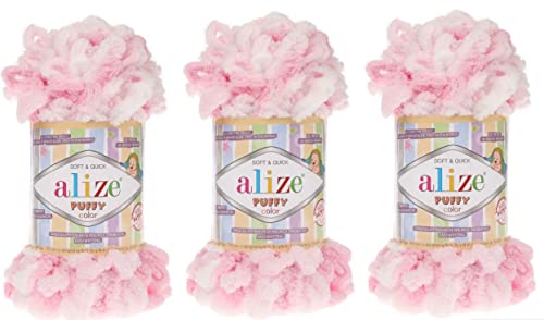 Alize Puffy Color Baby Blanket Yarn Big Loop Lot Of 3Skn 300Gr 30Yds 100% Micropolyester Soft Yarn Hand Knitting Yarn Super Chunky Bulky Woven Worested Yarn (5863) #TOP7