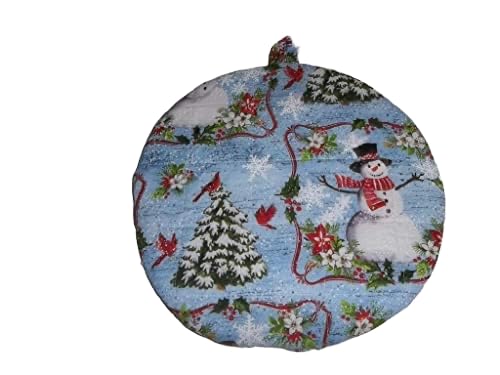 Christmas Pot Holders Snowman on Blue Handmade Heat Resistant Double Insulated Quilted Hot Pads 9 Inches Round