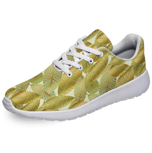 Women Men Gold Exotic Leaves Prints Shoes Slip On Running Shoes Athletic Tennis Sneakers White Size 6