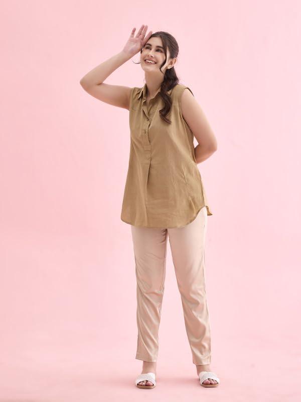 Image of GO COLORS Women Mid Rise Polyester Shiny Pant