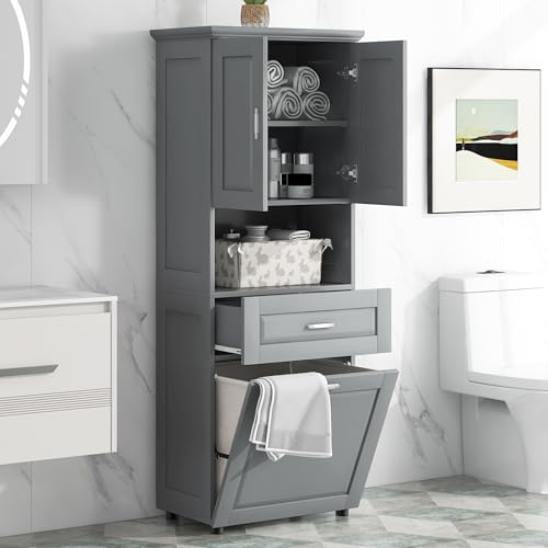 Linique Tall Bathroom Cabinet with Laundry Hamper