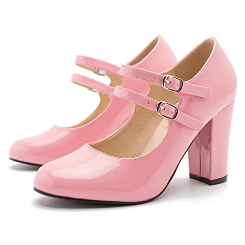 Women's Mary Jane Pumps, Double Strap, Chunky Block High Heel, Round Toe, 3.54 Inch Dress Shoes Patent Pink 24.29cm insole - US 7.5 by fereshte - Image 7
