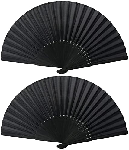Folding Hand Fans, 2 Pcs Handheld Folding Fan, Black Folding Hand Fan for Women Men, Chinese Silk Fabric Handheld Fan for Wedding Party Decoration Birthday Gifts