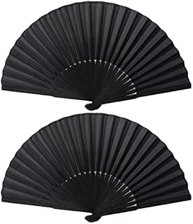Folding Hand Fans, 2 Pcs Handheld Folding Fan, Black Folding Hand Fan for Women Men, Chinese Silk Fabric Handheld Fan for Wedding Party Decoration Birthday Gifts