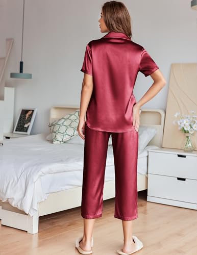 Image of Ekouaer Womens Satin Pajamas Silk Capri Pjs 2 Piece Lounge Sets Short Sleeve Button Down Sleepwear